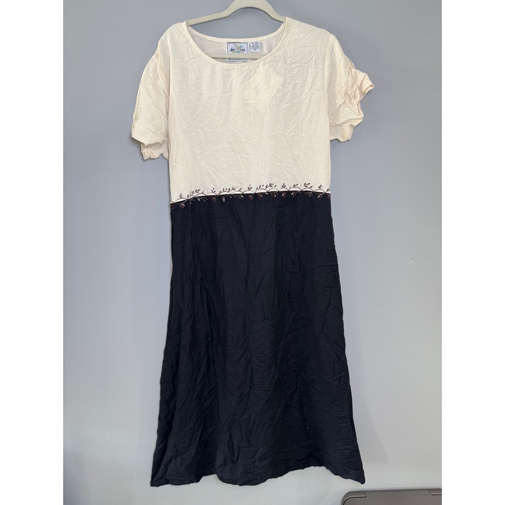 Just Class Womens XL Linen Blend Embroidered Colorblock Midi Dress Black Cream
